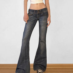 Lunivop American Retro Low Waisted Washed Jeans Women Streetwear Y2K Slim Fit Flared Pants Mujer Fashion Button Pockets Denim Trousers