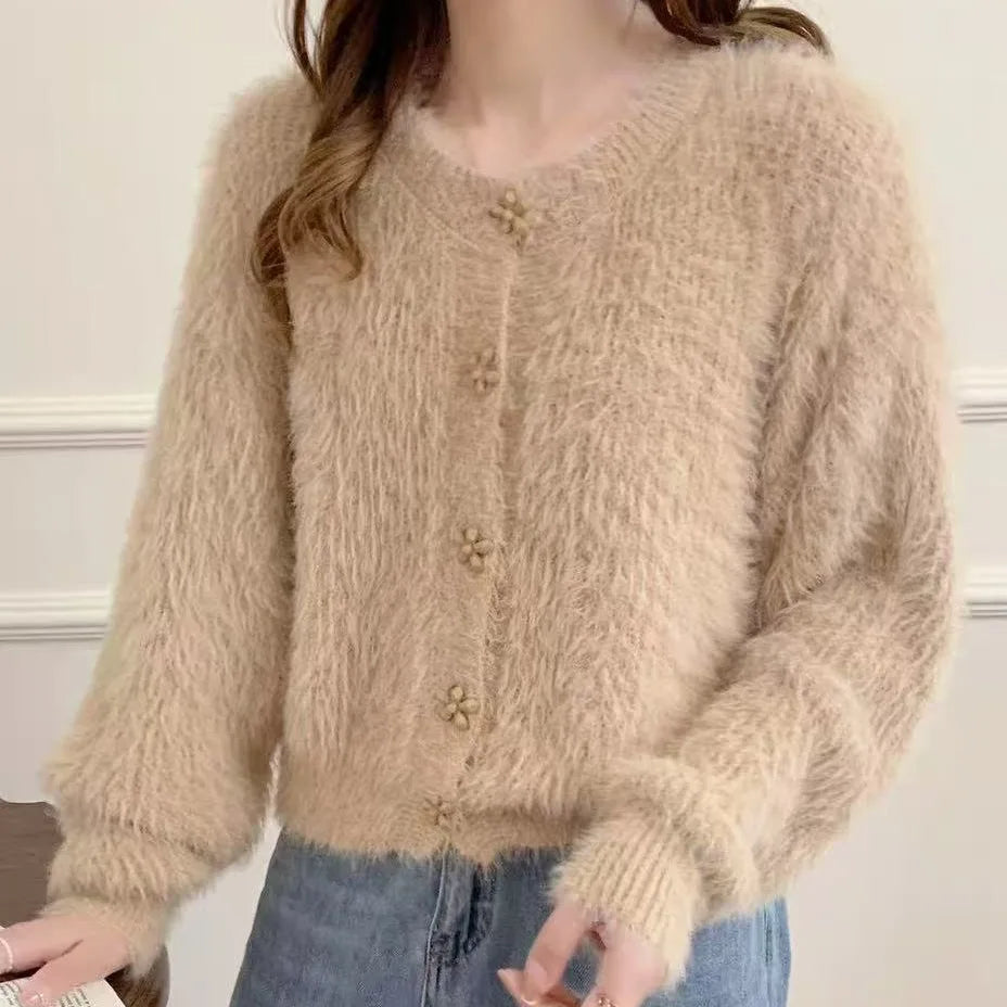 Lunivop Flower Button Fuzzy Knit Sweater Cardigan Warm Fluffy Button-up Crop Sweater Jacket Knitwear Teen-girl Fall Winter Cute Outfit