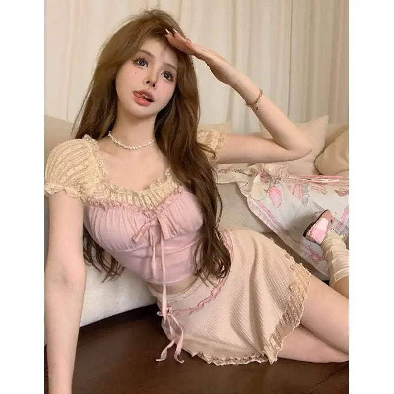Lunivop  New Lace Fungus Square Collar Short Sleeved Top for Women+ Y2k Summer Sweet Bodycon A-line Skirts Two Piece Sets
