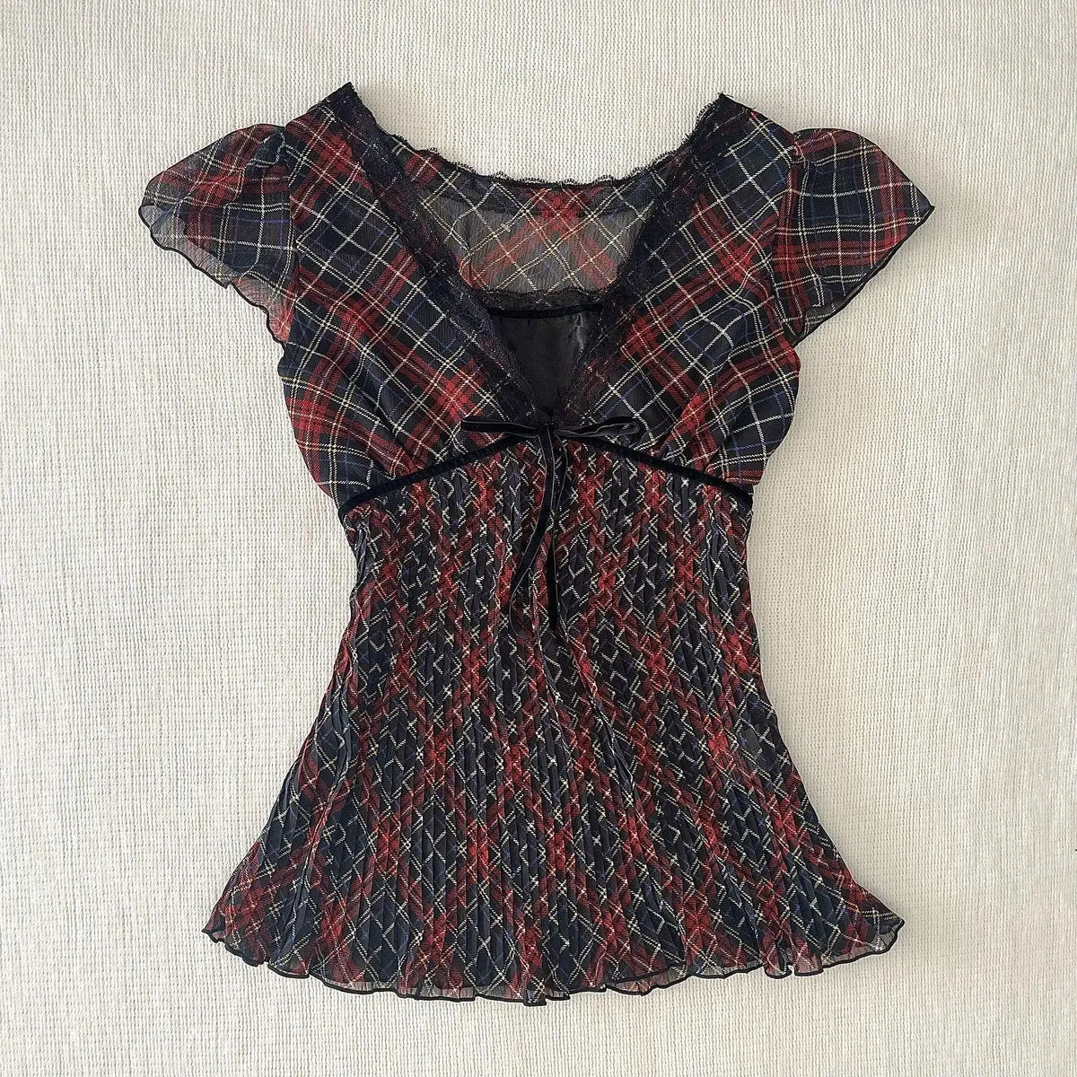 Lunivop  V Neck Plaid Vintage Literary T-shirt New Slim Mesh Spice Girls Women Clothing Elegant French Style Casual Soft Shirts