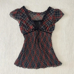 Lunivop  V Neck Plaid Vintage Literary T-shirt New Slim Mesh Spice Girls Women Clothing Elegant French Style Casual Soft Shirts