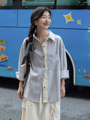 Lunivop Preppy Style Sweet Striped Shirt Women Loose Casual Long Sleeve Blouse Fall New Vintage Pocket Korean Female Simple Retro Tops
