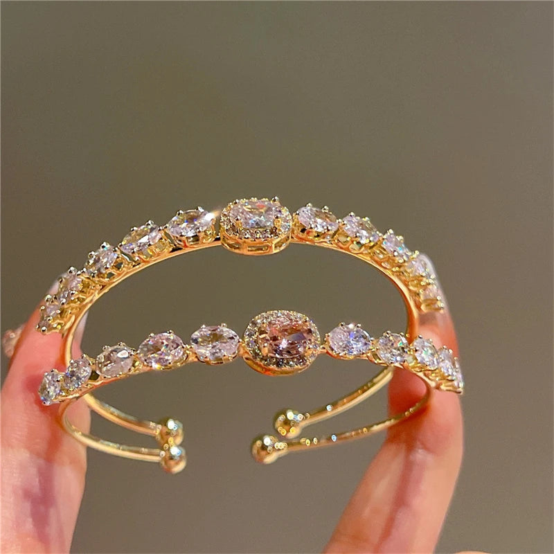 Lunivop Luxurious Shiny Zircon Copper Gold-plated Open Bracelets for Women New Fashion Full of Rhinestone Wedding Party Bangles Jewelry