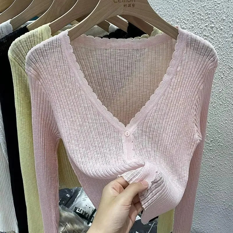 Lunivop Lightweight Sunscreen Shirt Women Crop Tops One Button Hollow Out Knit White Long Sleeve Cardigan Elegant Casual Shawl Coat