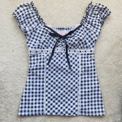 Lunivop  Summer Euramerican Sweet Spliced Lace Edge O Neck Short Sleeve T Shirts Y2k Constrast Color Plaid Slim Top Bow Appliques Tees