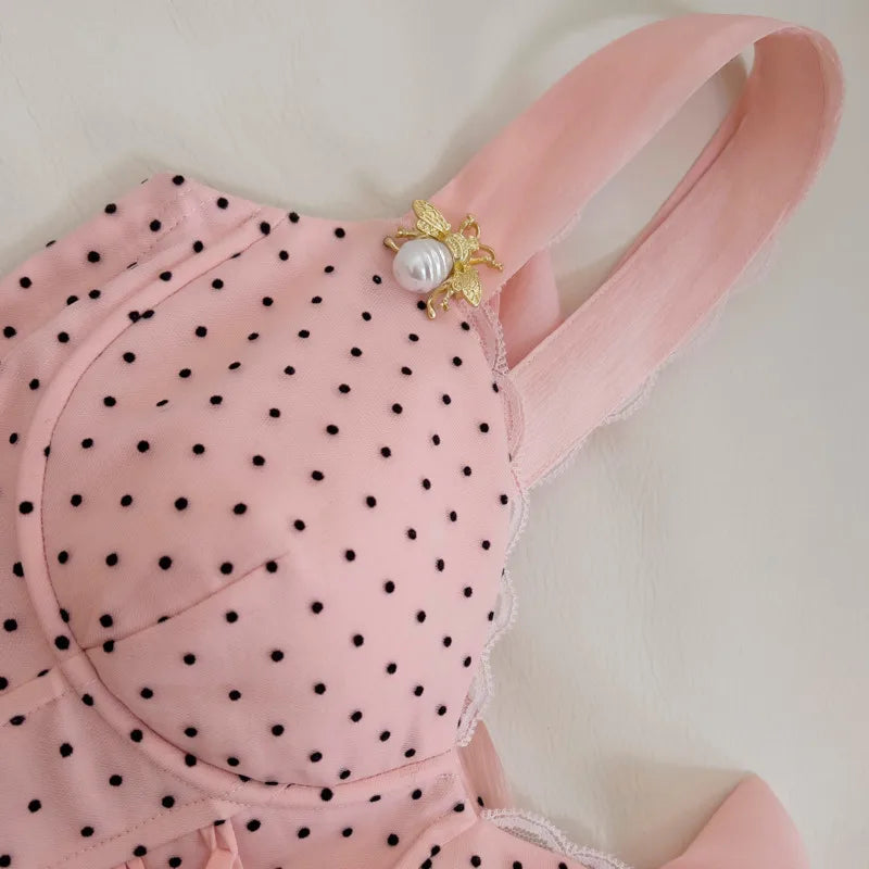 Lunivop  French Style Polka Dot Slip Women Dress Brooch Zipper Lace-Up Pearl Flower Bud Short Dresses Female 2025 Spring New