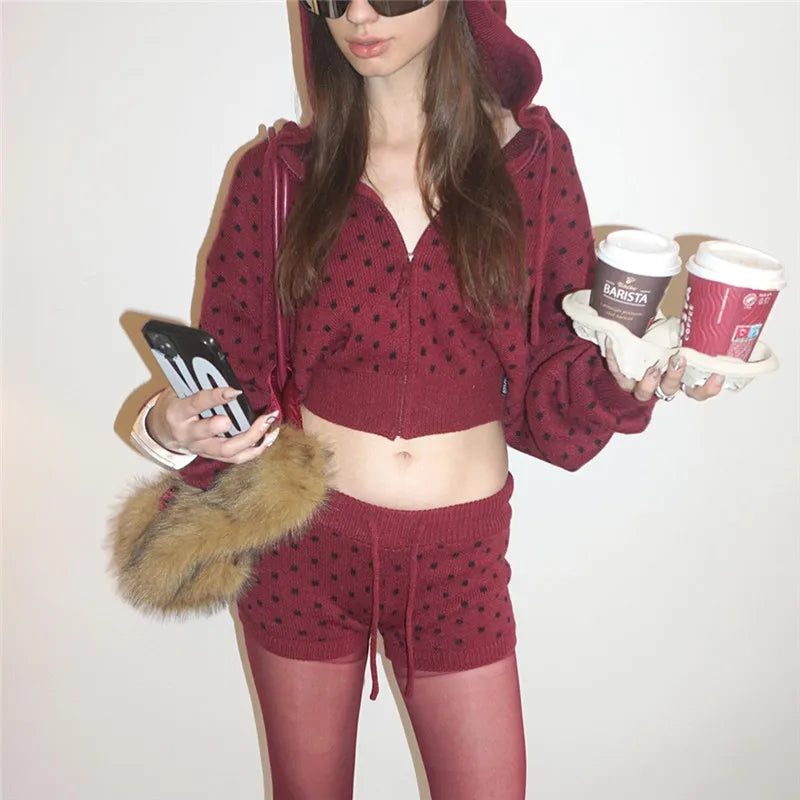 Lunivop  Y2K Two Piece Knit Polka Dot Matching Set Zip Up Long Sleeve Cropped Hoodie Cardigans and Shorts Spring Fall Women