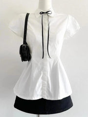 Lunivop  Elegant Bow Women Shirts Summer Short Sleeve White Preppy Style Blouse Tunic Bandage Simple Solid Korean Ladies Tops New