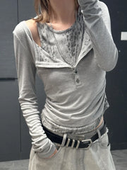 Lunivop  Gray Leopard Print Off Shoulder Long Sleeve T-shirts Women Harajuku Slim Fit Base Short Tops Vintage Punk Y2k Goth Tees