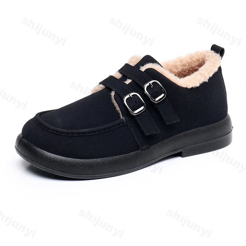 Lunivop Autumn Winter Casual Flat Shoes for Women Moccasins Soft Loafers Fashion Buckle Warm Plush Slip on Female Cotton Shoes