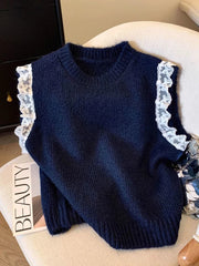 Lunivop Lace Patchwork Sweet Sweater Vest Women Vintage O Neck Casual Knitted Tops Korean Preppy Style Lady Lazy Wing Cute Vest New