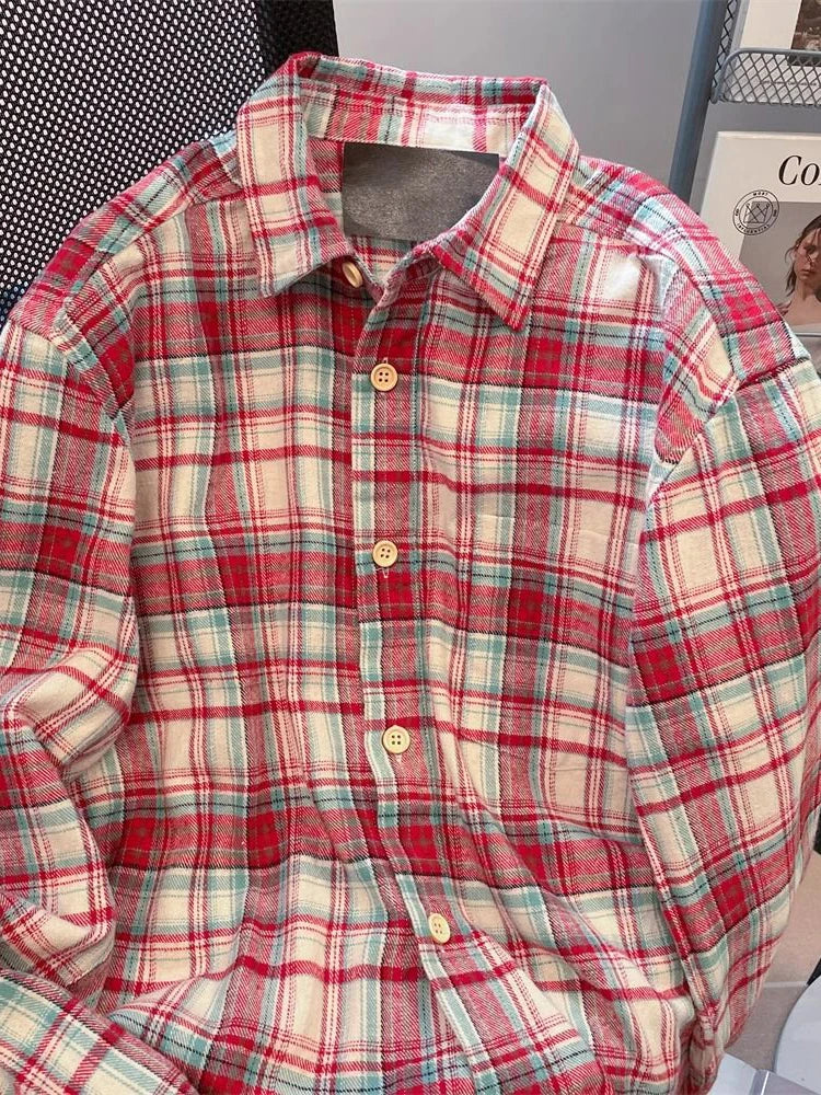 Lunivop Red Plaid American Shirt Women Oversize Loose Vintage Long Sleeve Fall Blouse Streetwear Harajuku Retro Casual Bf All Match Tops