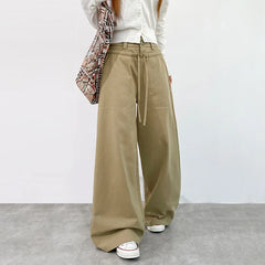 Lunivop  Army Green Wide Leg Jeans for Women American Street Lace-Up Washed Denim Pants Woman Harajuku Fashion Baggy Trousers Female