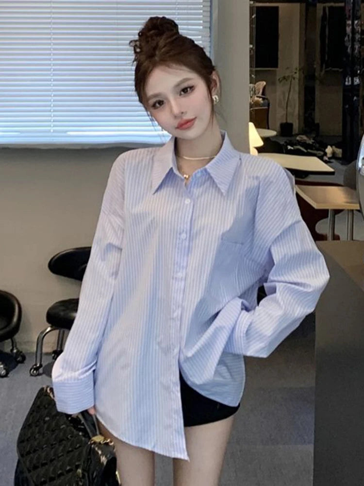 Lunivop Hollow Out Striped Shirt Women Casual Korean Loose Long Sleeve Blouse Vintage Female Sexy Off Shoulder Elegant Tops Spring