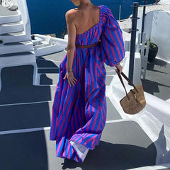 Lunivop  Striped Maxi Dress Women Off Shoulder One Sleeve Skew Neck Party Club High Waist with Sashes A-line Long Dress