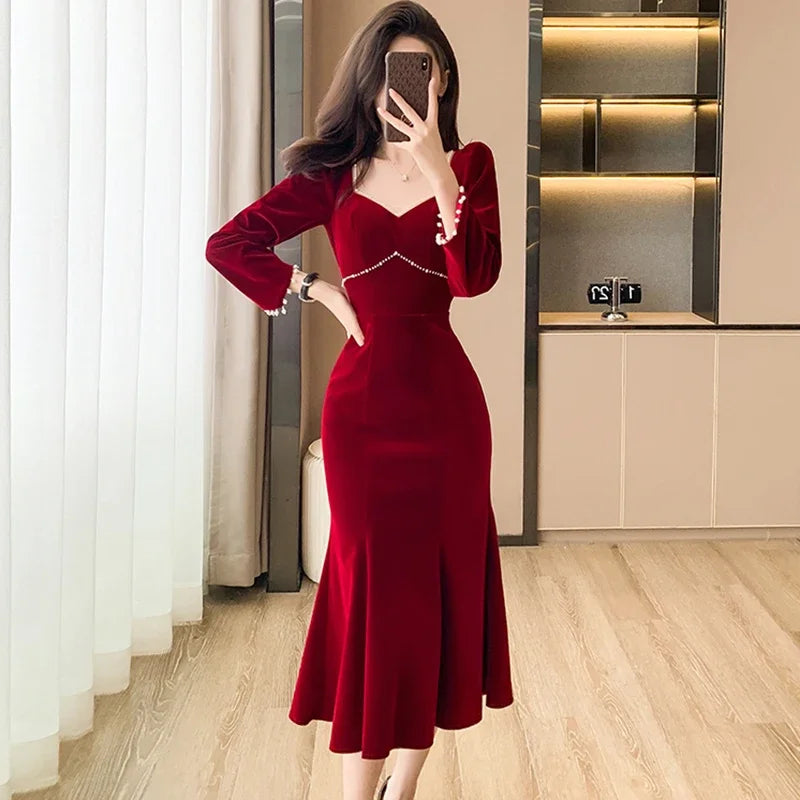 Lunivop  Women Red Velvet Elegant Christmas Dress Autumn Winter Chic Diamonds Square Collar Luxury Dress Korean Vintage Night Dress