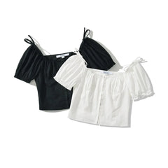 Lunivop  Sexy White U Collar Metal Hook Buttons Short Puff Sleeve Shirt Women Tie Bow Shoulder Center Slim Crop Tops Black