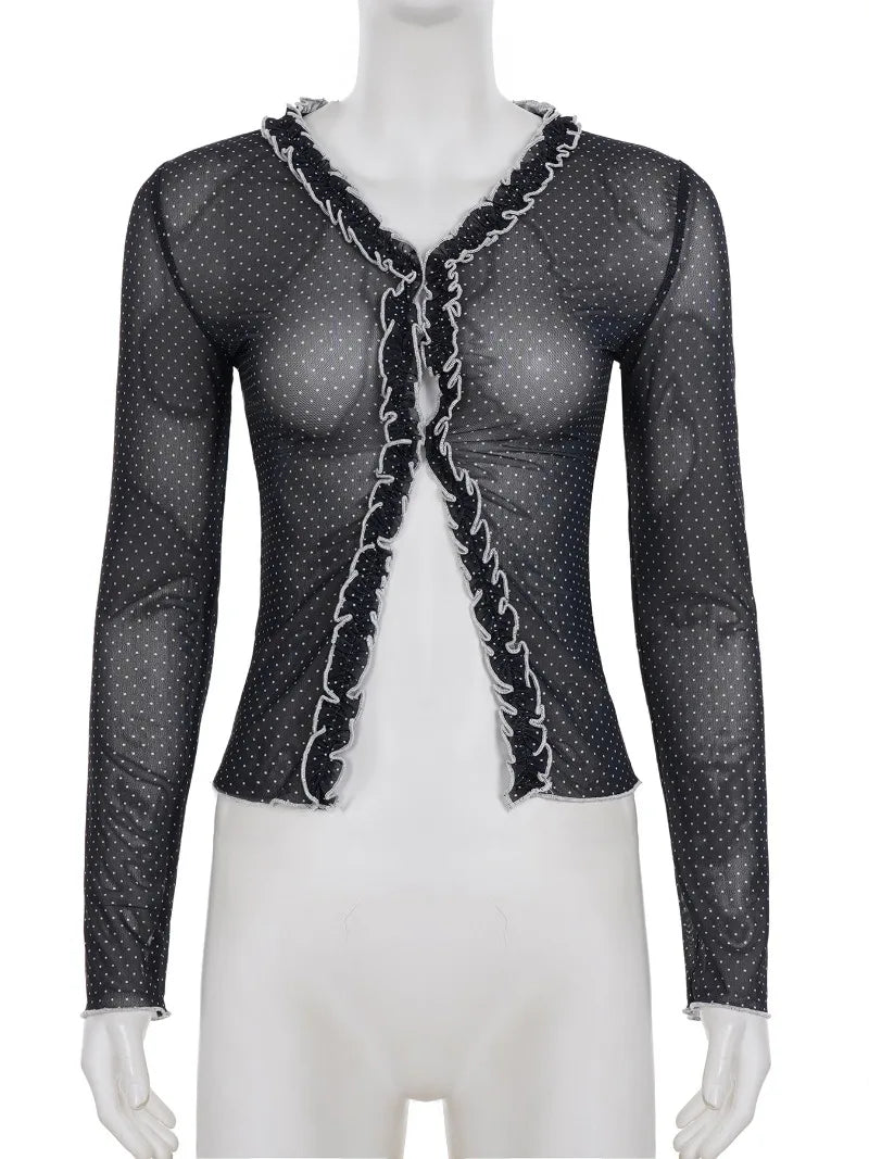 Lunivop  Fashion Polka Dot See-throught Punk Cardigan Y2k Aesthetic Fungus Edge American High Street Women Shirts Sweet All Match Clothes
