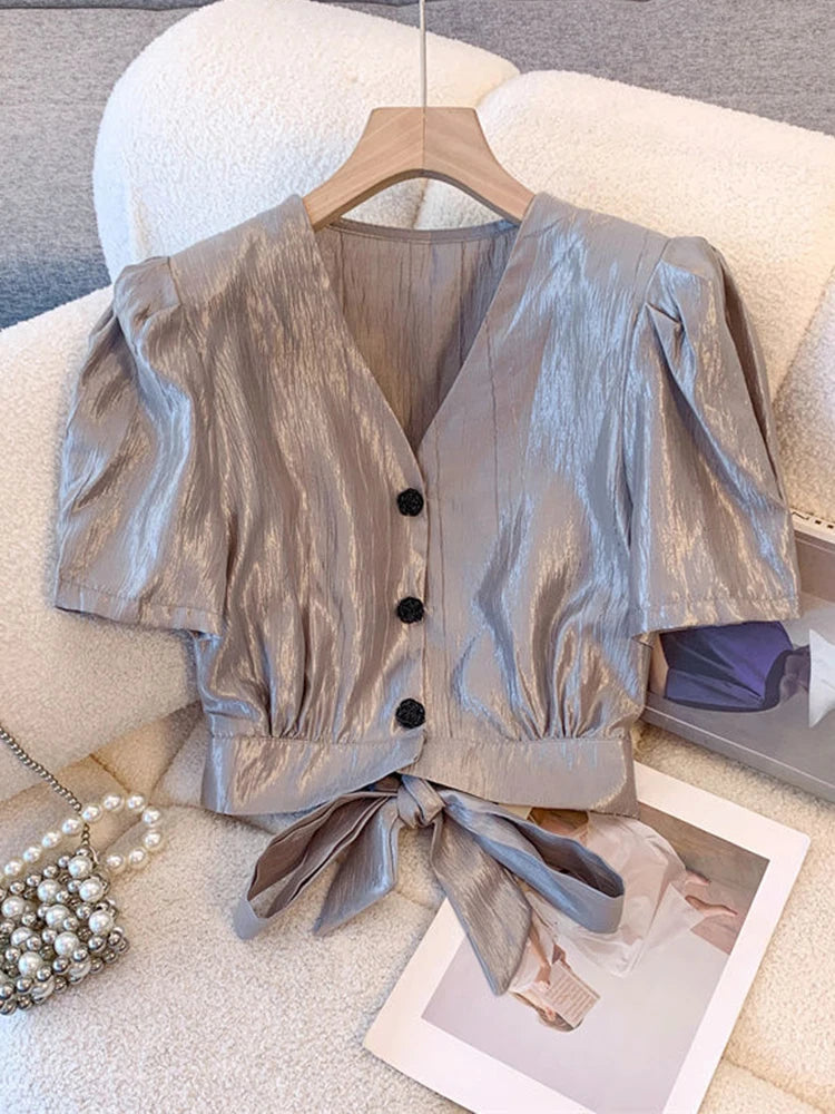 Lunivop  Cropped Sexy Slim Satin Shirt Women Vintage Back Bow Lace Up Puffy Sleeve Blouse Korean Fashion V Neck Elegant Short Tops