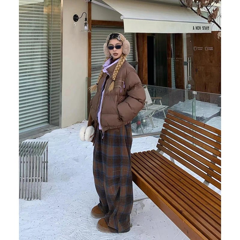 Lunivop Fashion American Style Vintage Casual Splicing Plaid Pants Loose Fit Straight Leg Wide Leg Trousers For Women Autumn Winter