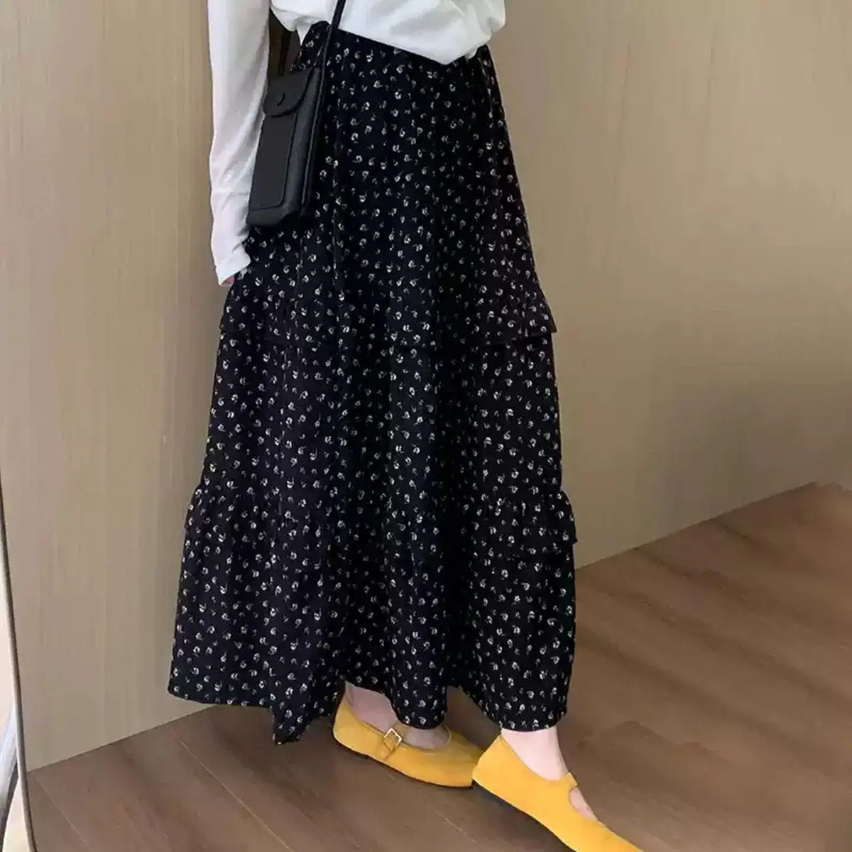 Lunivop   Skirts For Women's Vintage Floral Saia High Waist A-line Loose Black Jupe Fashion Sweet Long Skirt