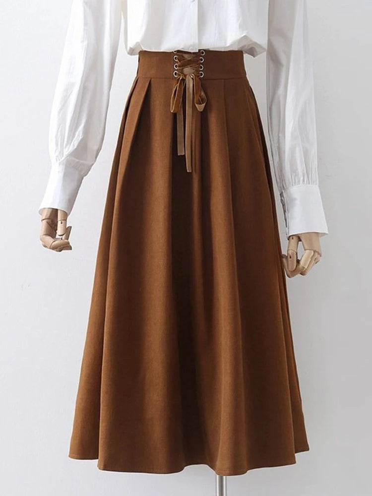 Lunivop Preppy Style Vintage Long Skirts Women High Waist Sweet Loose A Line Skirt Lace Up Retro Fall Winter Female Elegant Long Skirts