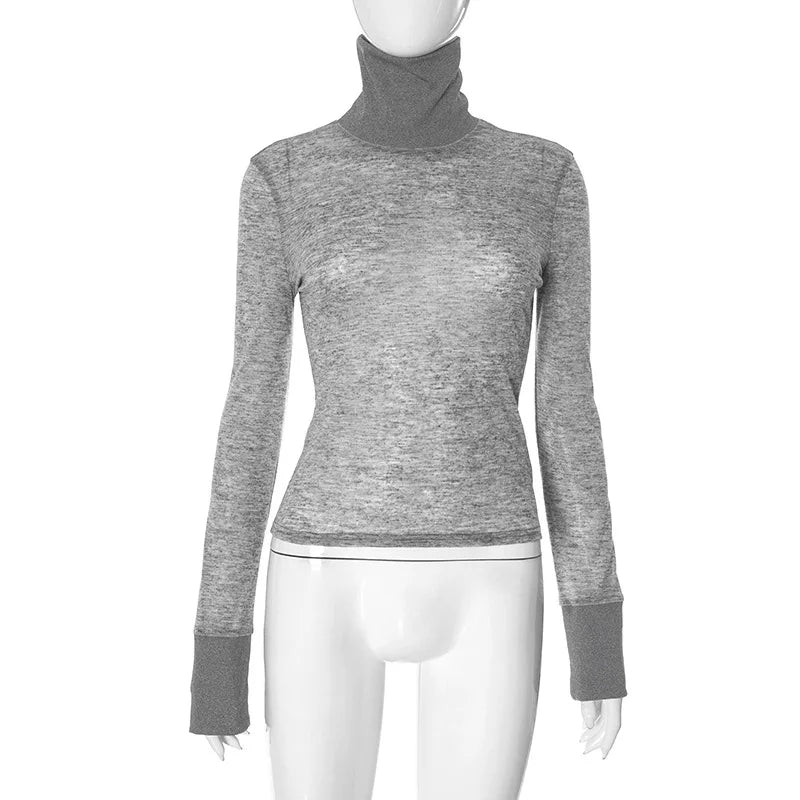 Lunivop Casual Turtleneck  T-Shirt For Women Solid Splice Slim Bottoming Pullover Top Sexy See Through Long Sleeve Lady  T-Shirt