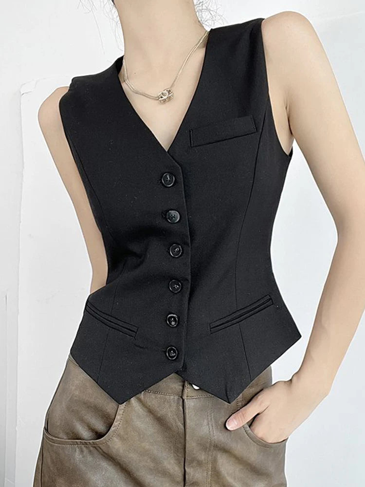 Lunivop  Elegant Slim Suit Tanks Women Casual Vintage V Neck Sexy Tops Vest Korean Sleeveless Single Breasted Retro Lady Gray Tanks