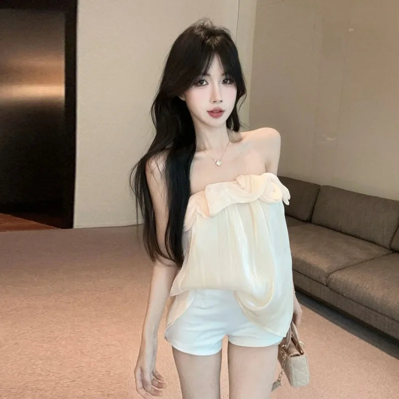 Lunivop  Tank Tops Women Ruffles Ruched Slash Neck Solid Slim Backless Sweet Elegant Camis Sexy Ladies Casual French Style Chic
