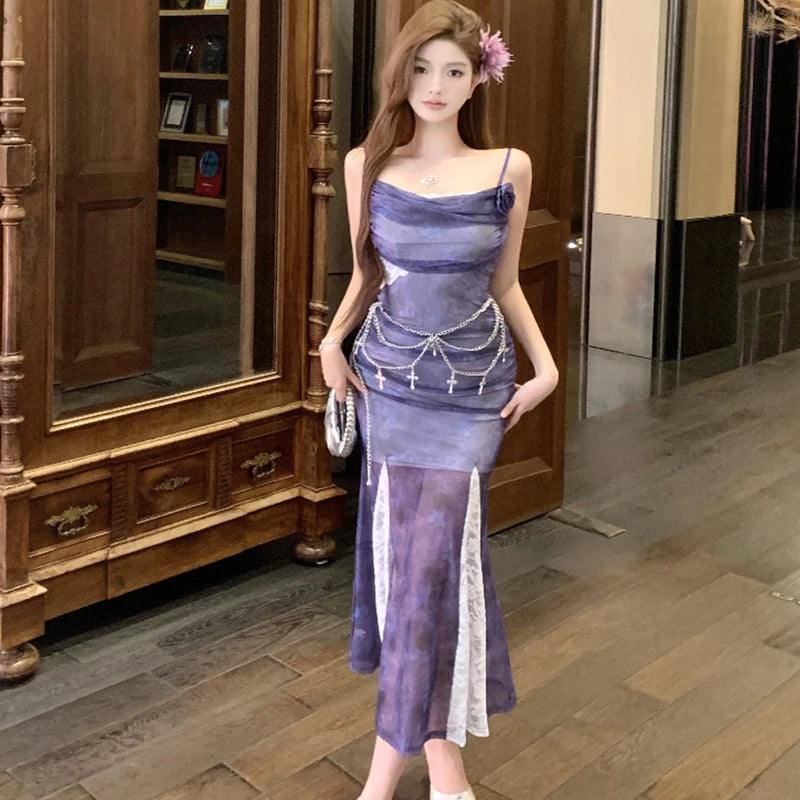 Lunivop  Purple Mesh Patchwork White Lace Ruffled Long Dress Women Elegant Luxury Dance Party Dress Summer Fashion Bodycon Vestidos
