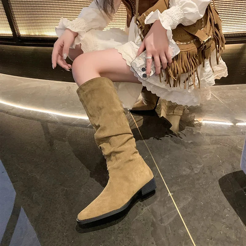 Lunivop Autumn Winter New Knee High Boots Women Punk Style Pleated Suede Leather Long Boots Woman Slip on Western Cowboy Botas De Mujer