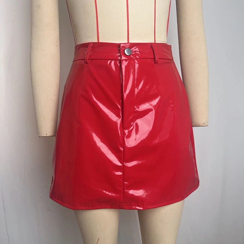 Lunivop  Cute Red PU Leather Mini Skirt Fashion Simple High-waisted Button Zipper Pencil Half Skirt Street Party Outfit Bottoms For Women