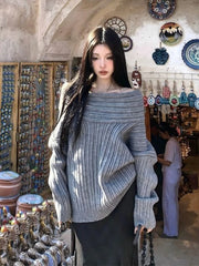 Lunivop Sexy Vintage Grey Sweaters Women Off Shoulder Korean Style Jumper Elegant Slash Neck Harajuku Long Sleeve Pullovers