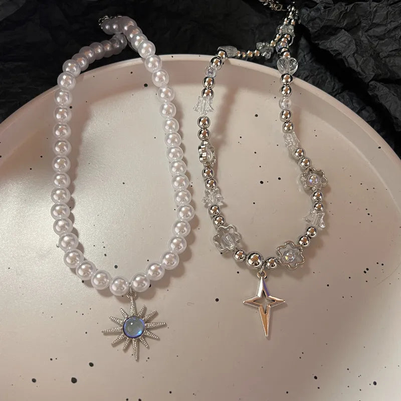 Lunivop 90s Vintage Pearl Sun Star Pendant Choker Necklace For Women's Wedding Party Gothic Y2k Jewelry