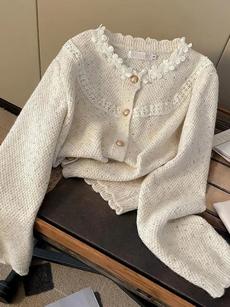 Lunivop Floral Elegant Cardigan Women Vintage Sweet Long Sleeve Knitted Sweater French Retro Casual O Neck Design Fall Ins Tops Coats