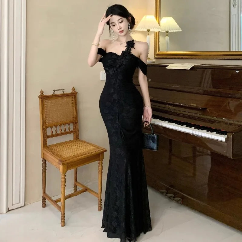 Lunivop  Woman Dress Slash Neck Sexy Flowers Off Shoulder Backless Vintage Elegant Temperament Party Mermaid Dress Female Cocktail