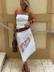 Lunivop  Fantoye Patchwork Print Polka Dot See Through Lace Women Skirt White High Waist Long Skirt Female Summer Slim Casual Streetwear