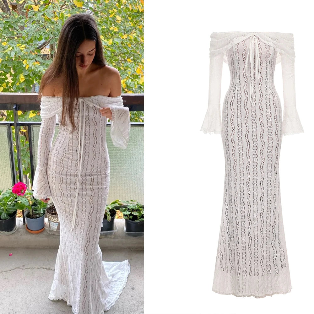 Lunivop Autumn Long Sleeve Off The Shoulder Bodycon Dress 2024 New Mermaid Wedding Guest Party Dresses for Women White Dress