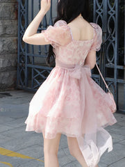 Lunivop  Summer Pink Kawaii Lolita Dress Women Mini Puff Sleeve Beach Casual Elegant Fairy Dress Print Korea Cute Party Dress Female