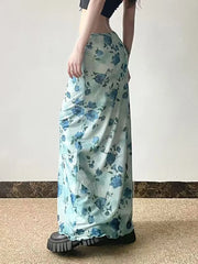 Lunivop  Vintage Mesh Floral Long Skirt Women Elegant Low Waist Slim Sexy Skirts Retro American Streetwear Casual Elastic Long Skirt