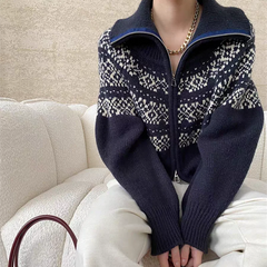 Lunivop Women Fair Isle Sweater Zipper Front Collared Zip-up Sweater Knit Jacket Cozy Knitwear Teen-girl Fall Winter Vintage Outfit
