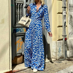 Lunivop  Blue Print Vintage Casual Shirt Dress Women Single Breasted Bohemian Girdle Waist Long Sleeve Maxi Long Sundress
