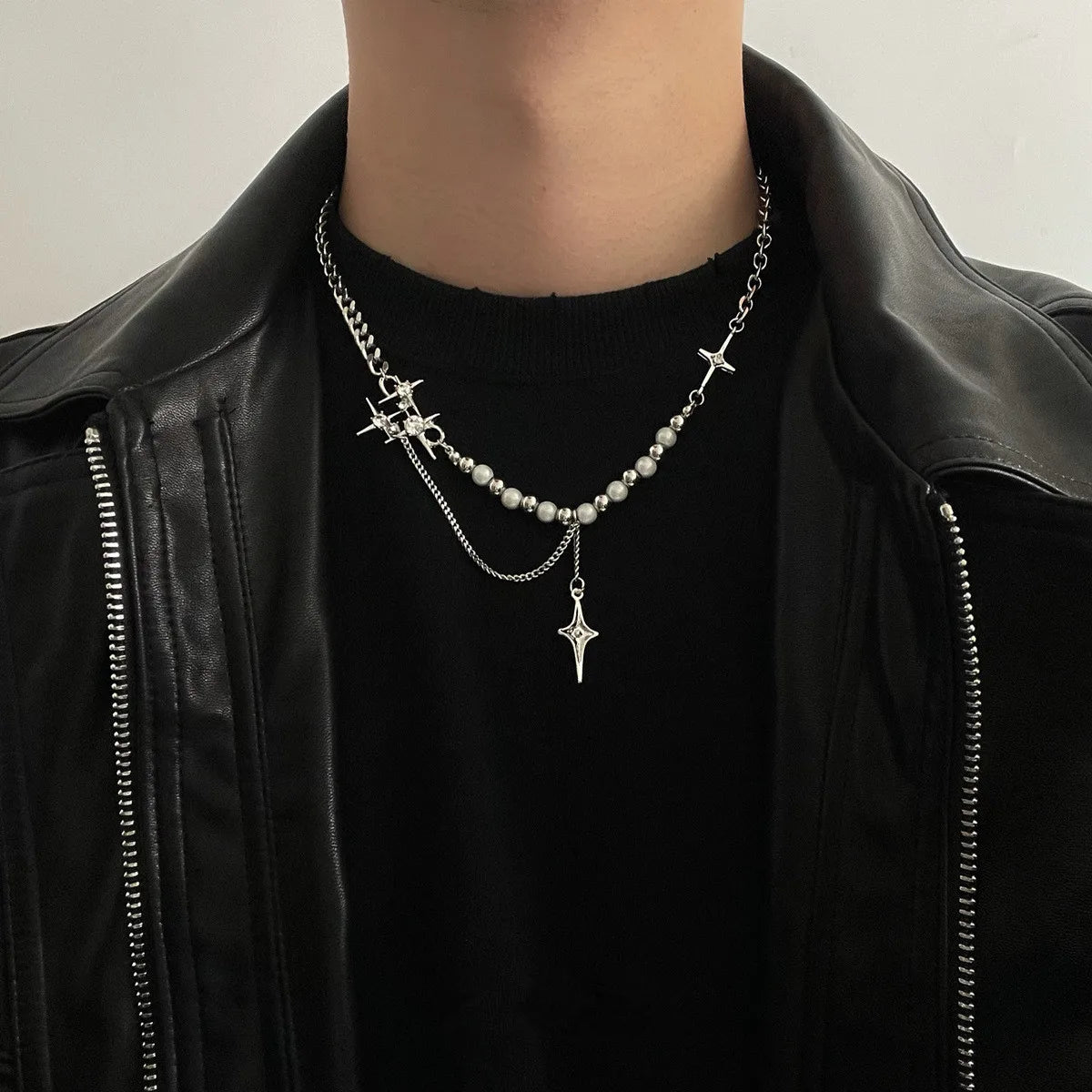 Lunivop Punk Cross Star Natural Stone Beaded Necklace Goth Cross Chain Necklace Kpop Pendant Necklaces for Women Party Jewelry