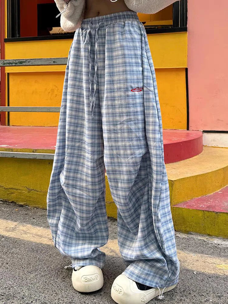 Lunivop  Streetwear Y2K Plaid Pants Women Vintage American High Waist Scimitar Pants Harajuku Oversize Loose Bf Casual Trousers New