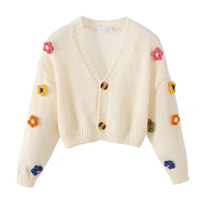 Lunivop Applique Flower Cardigan for Women Cute Floral Button-up Cropped Knitted Sweater Jacket Teen-girl Y2K Fairycore Outfit