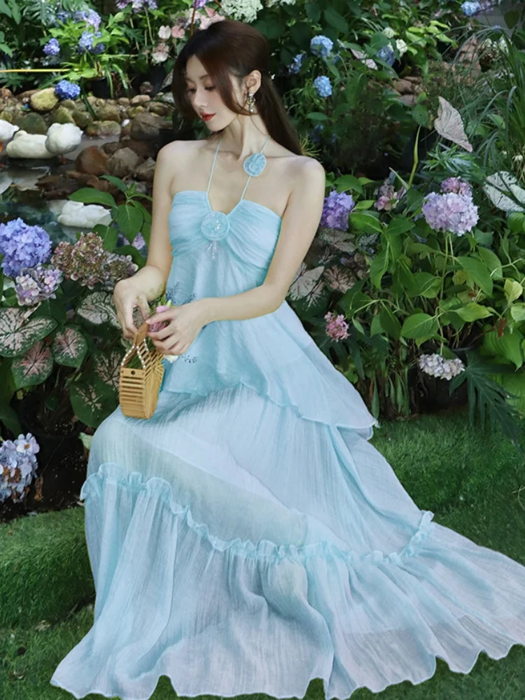 Lunivop  Sweet Halter Birthday Party Dress French Style Off Shoulder Backless Ruffles Evening Dresses Summer A-line Vestidos Robe Clothes