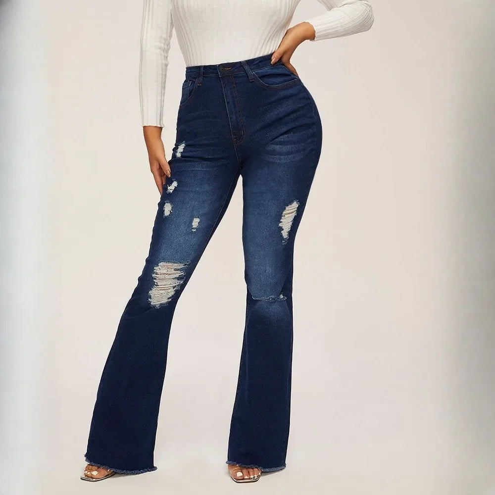Lunivop  Autumn Skinny Woman Jeans Flared Pants with High Waist Ripped Jeans for  Knees Distressed Denim Female Pockets Cargo Black Pants