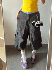 Lunivop  American High Street Shorts for Women Summer Multiple Pockets Vintage Calf- Length Pants All-match Loose Wide Leg Pants