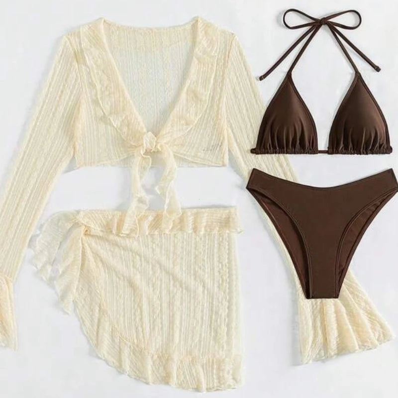 Lunivop  Sexy Four-piece Women Swimsuit Long-sleeve Cover-up Swimwear Summer Solid Bikini Set Brazilian Beachwear Party bathing suit