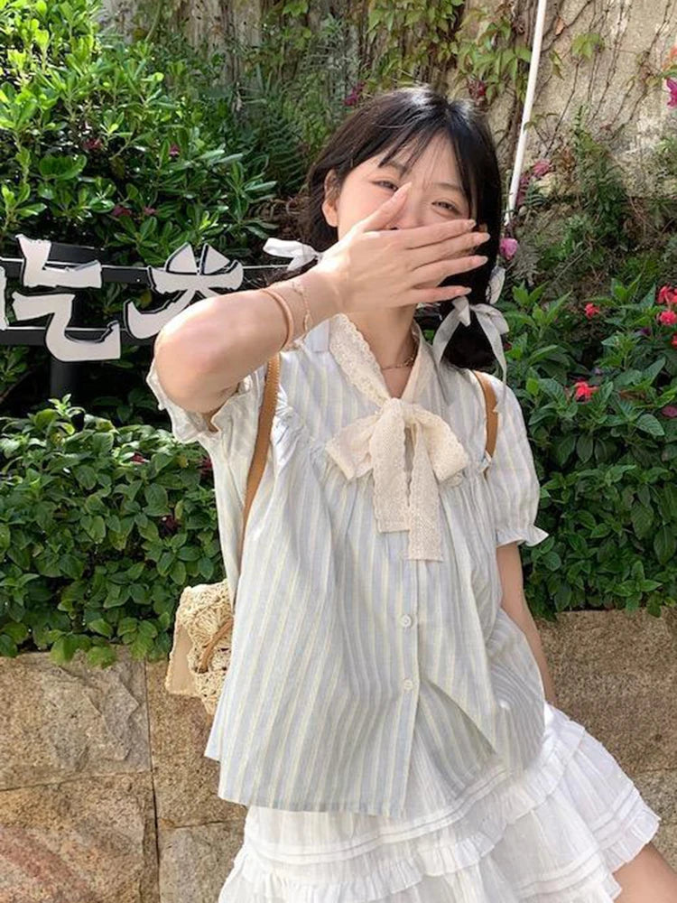 Lunivop Bow Lace Striped Shirt Women Sweet Puffy Sleeve Cute Blouse Preppy Style Loose Summer Casual Female Korean Patchwork Tops